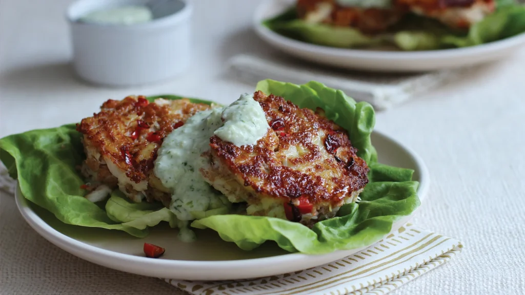 crab-cakes-with-red-pepper-and-creamy-cucumber-sauce